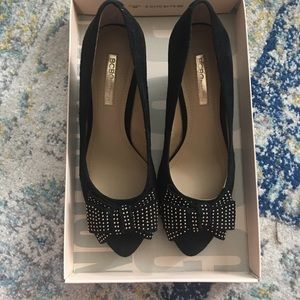 BCBG black suede bow platform heels